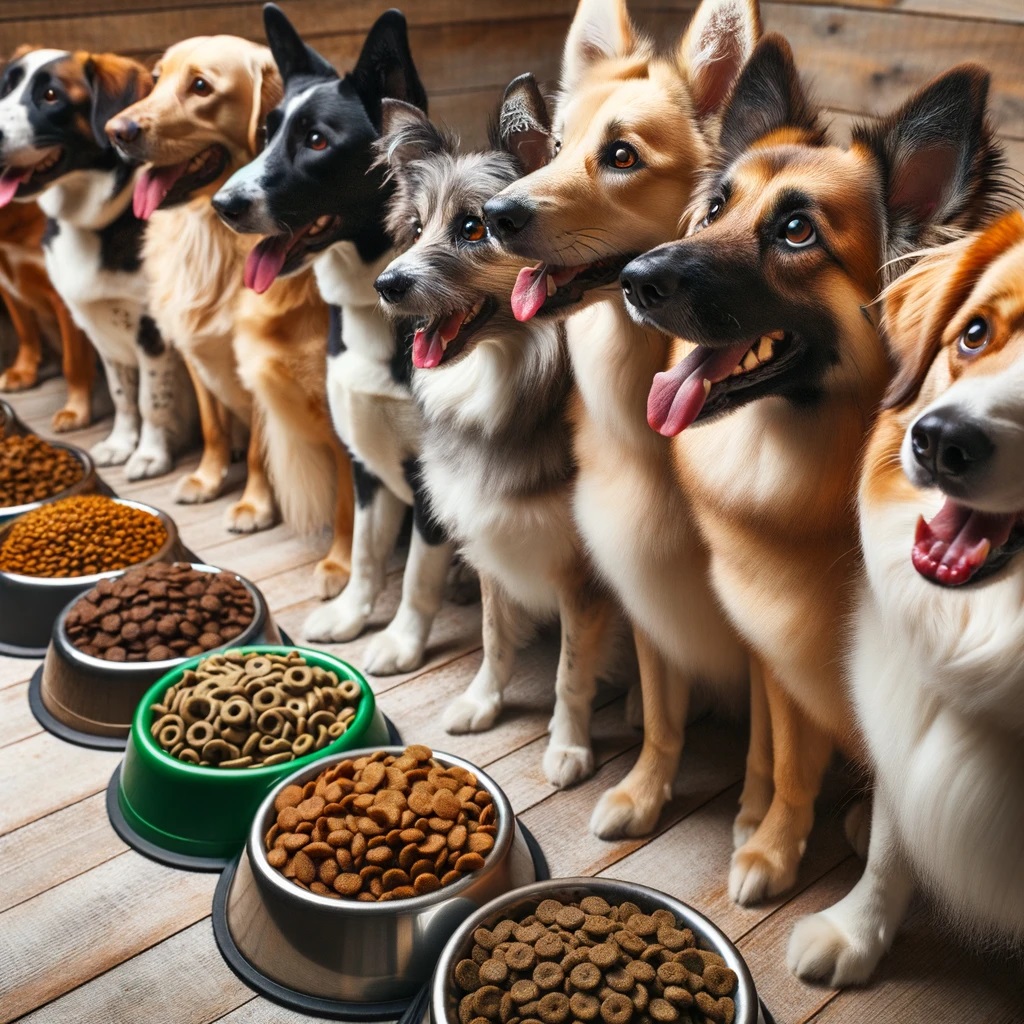 zdrowa dieta dla psów - na zdjęciu psy z miskami z jedzeniem